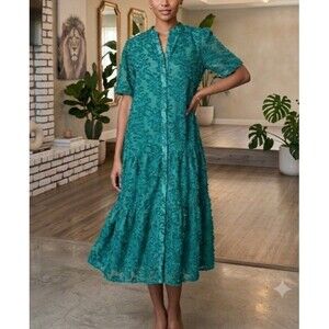 Emerald Green Textured Eyelash Midi Shirt Dress L Button Front Boho Cottagecore